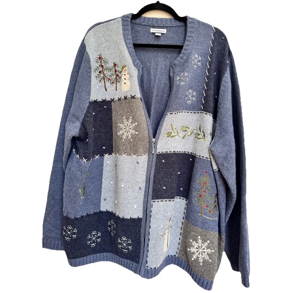 Croft & Barrow 3X Knit Zipper Sweater Cardigan Christmas Blue Snowflake Snowman - Picture 7 of 16